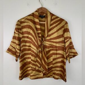 Vintage 100% Silk Zebra Print Tie Neck Blouse Animal Print Brown Gold Size 6 Top